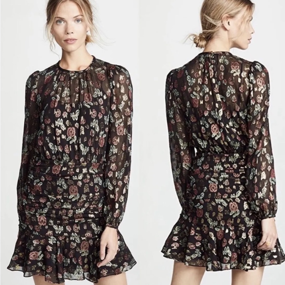 VERONICA BEARD Robin Long Sleeve Metallic Silk Mini Dress Black Floral Sz 2. - Picture 2 of 7